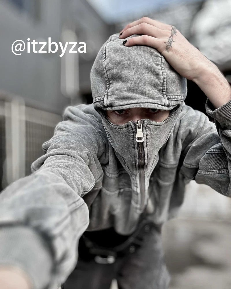 Single-hooded long zip-up hoodie with exposed eyes