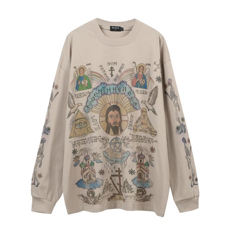 Skull angel print vintage distressed long - sleeve