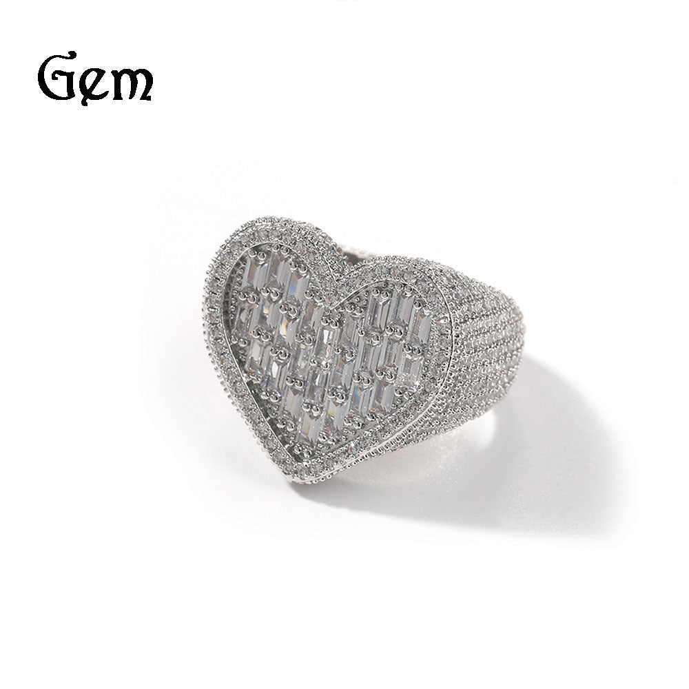 Hip-Hop T-Square & Heart-Shaped Zirconia Ring