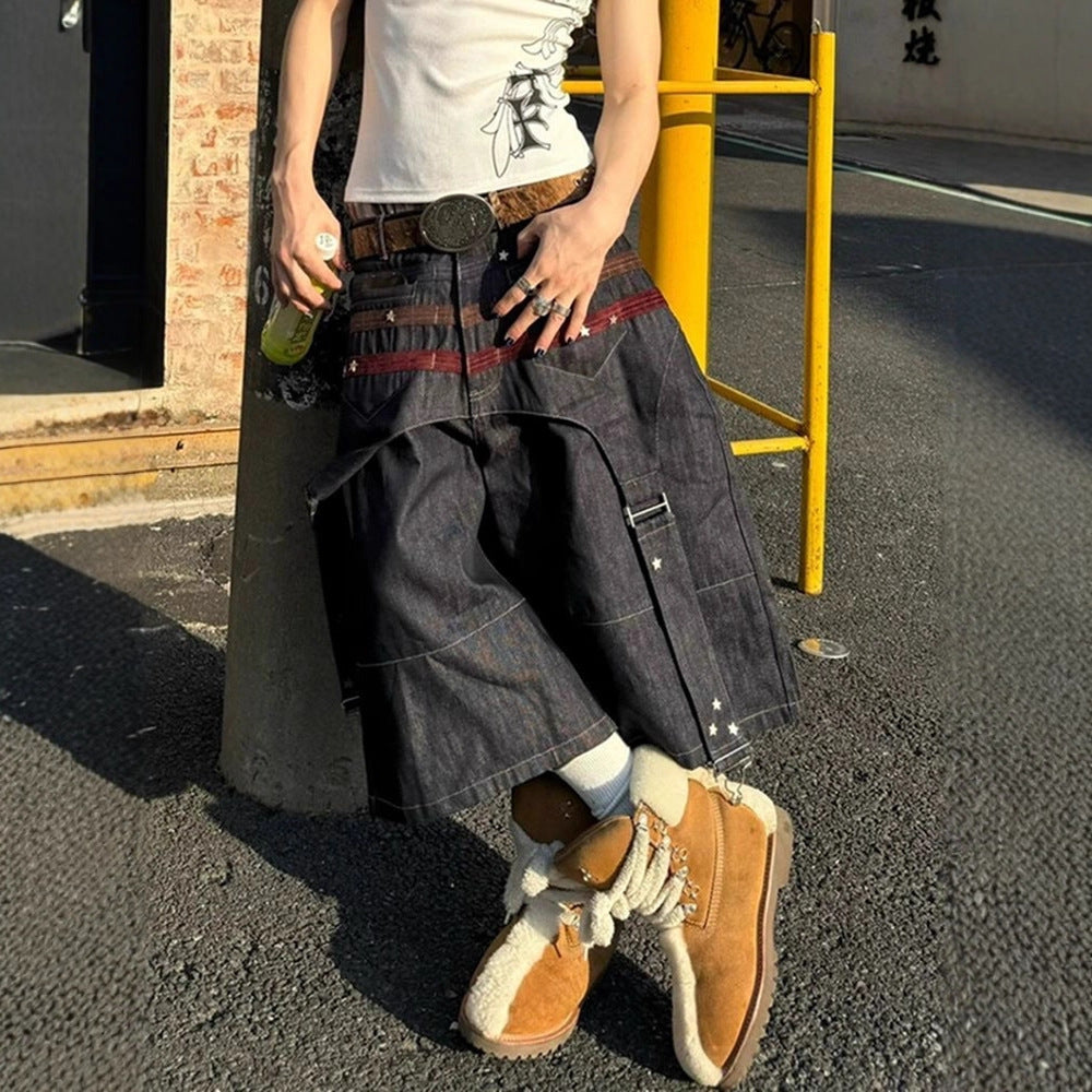 Star-studded patchwork wide-leg cropped shorts