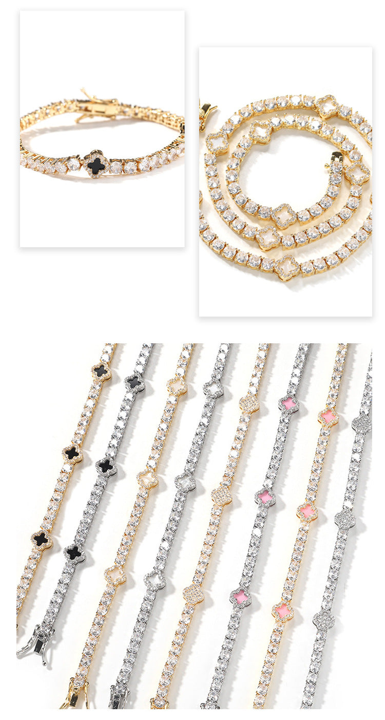 Hip-hop four-leaf clover diamond tennis chain necklace bracelet