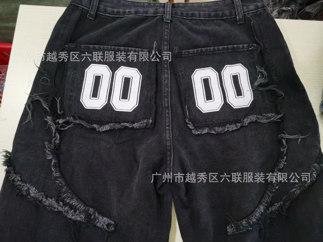 Paneled, Loose-Fit, Embroidered, and Fur-Trimmed Denim Jeans