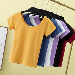 Summer slim fit large U-neck short-sleeved T-shirt