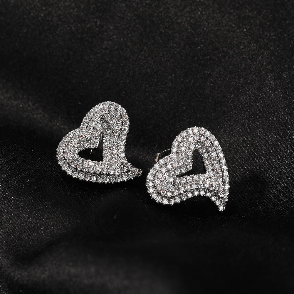 Hip-hop exaggerated zircon hollow heart earrings