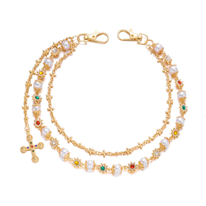 Multi-Color Gemstone, Pearl, and Cross Punk Waist Chain