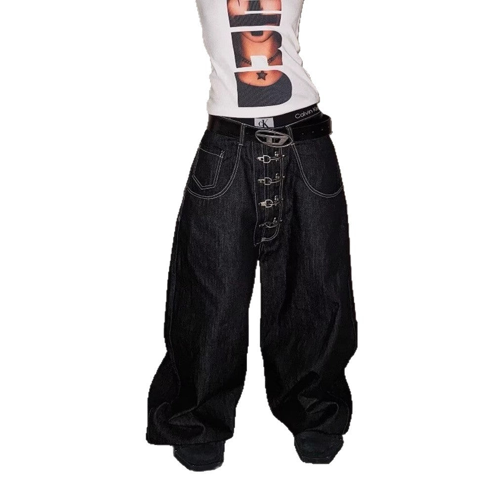 "Aircraft Buckle" Raw-Hem Curved-Leg Jeans