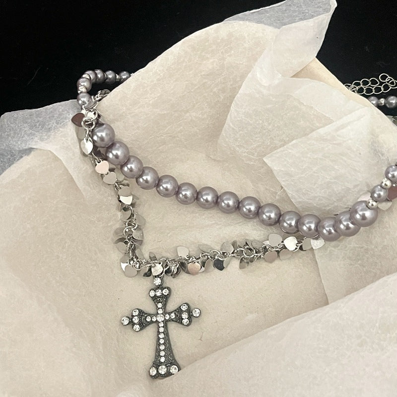 rosary necklace Gray pearl cross necklace