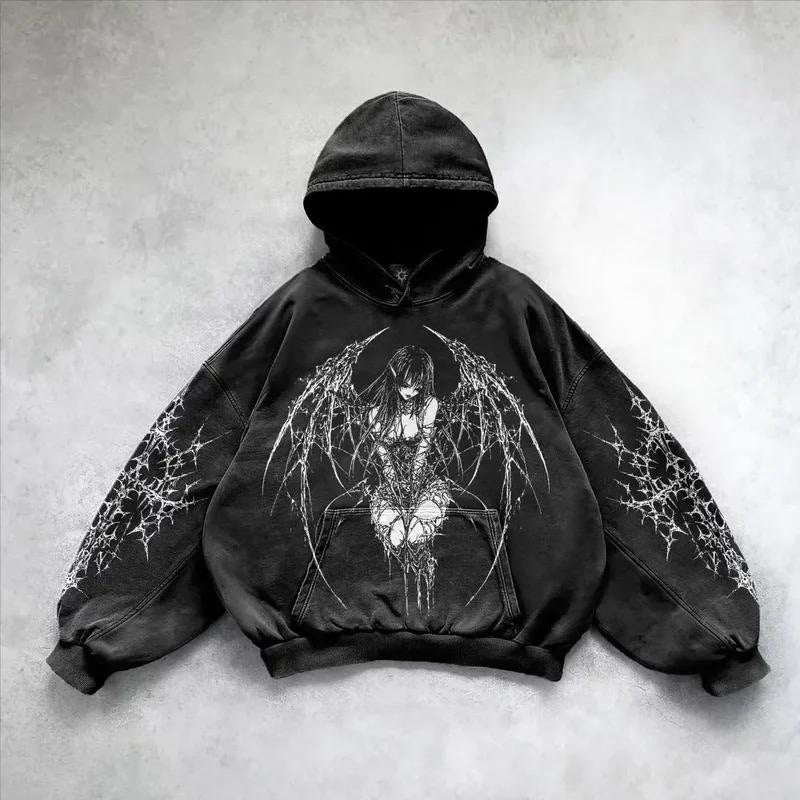 Patterned washed pullover hoodie