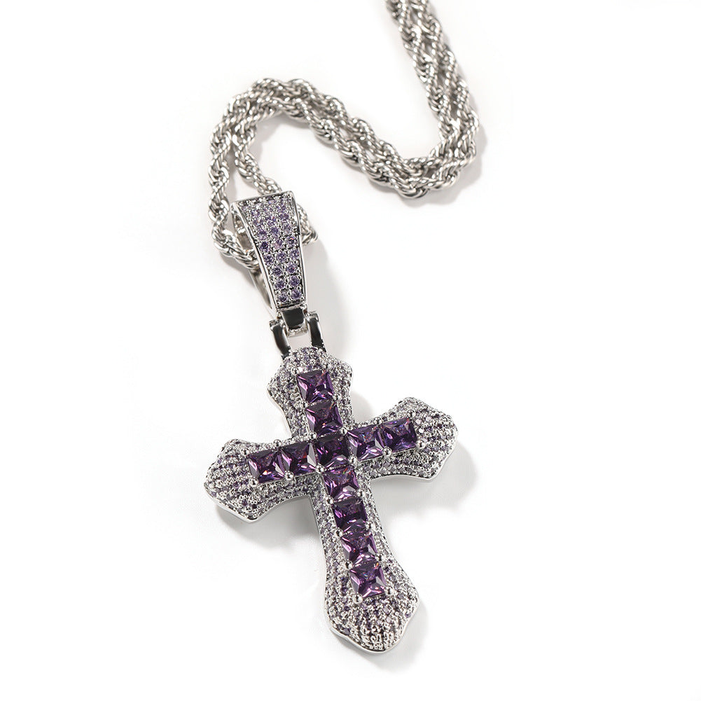 Hip Hop Cross Shape Copper Set Purple Zircon Pendant Jewelry Necklace