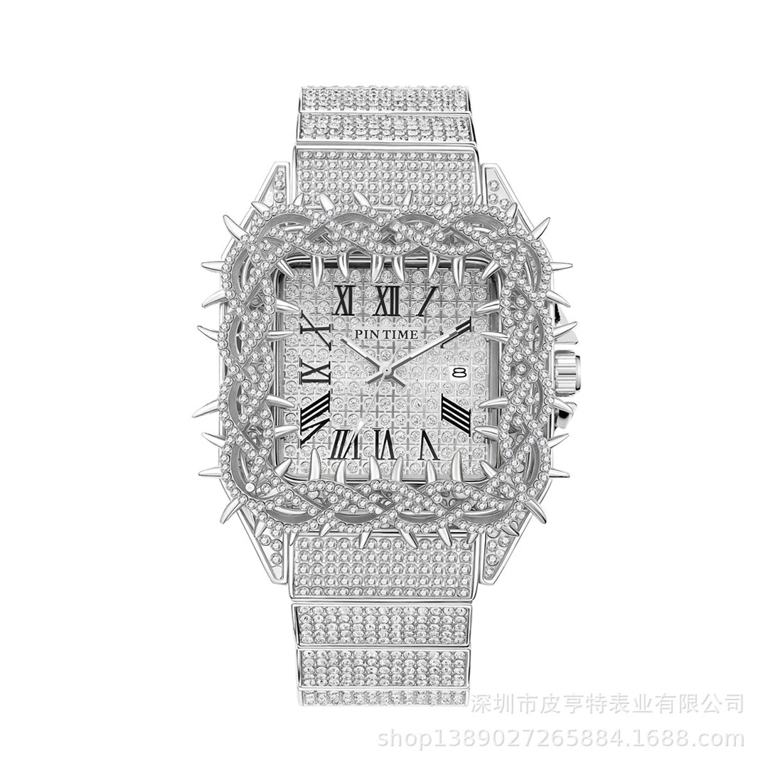 Square spiky dial, full diamond quartz watch