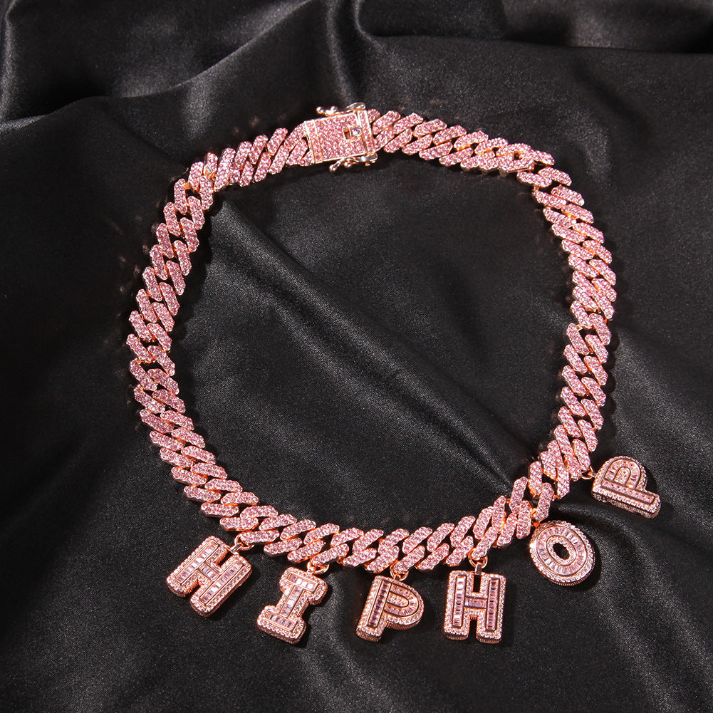 Pink diamond-set custom letter Cuban chain bracelet and necklace