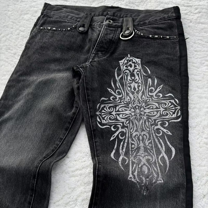 Y2K dark style cross print washed flared jeans