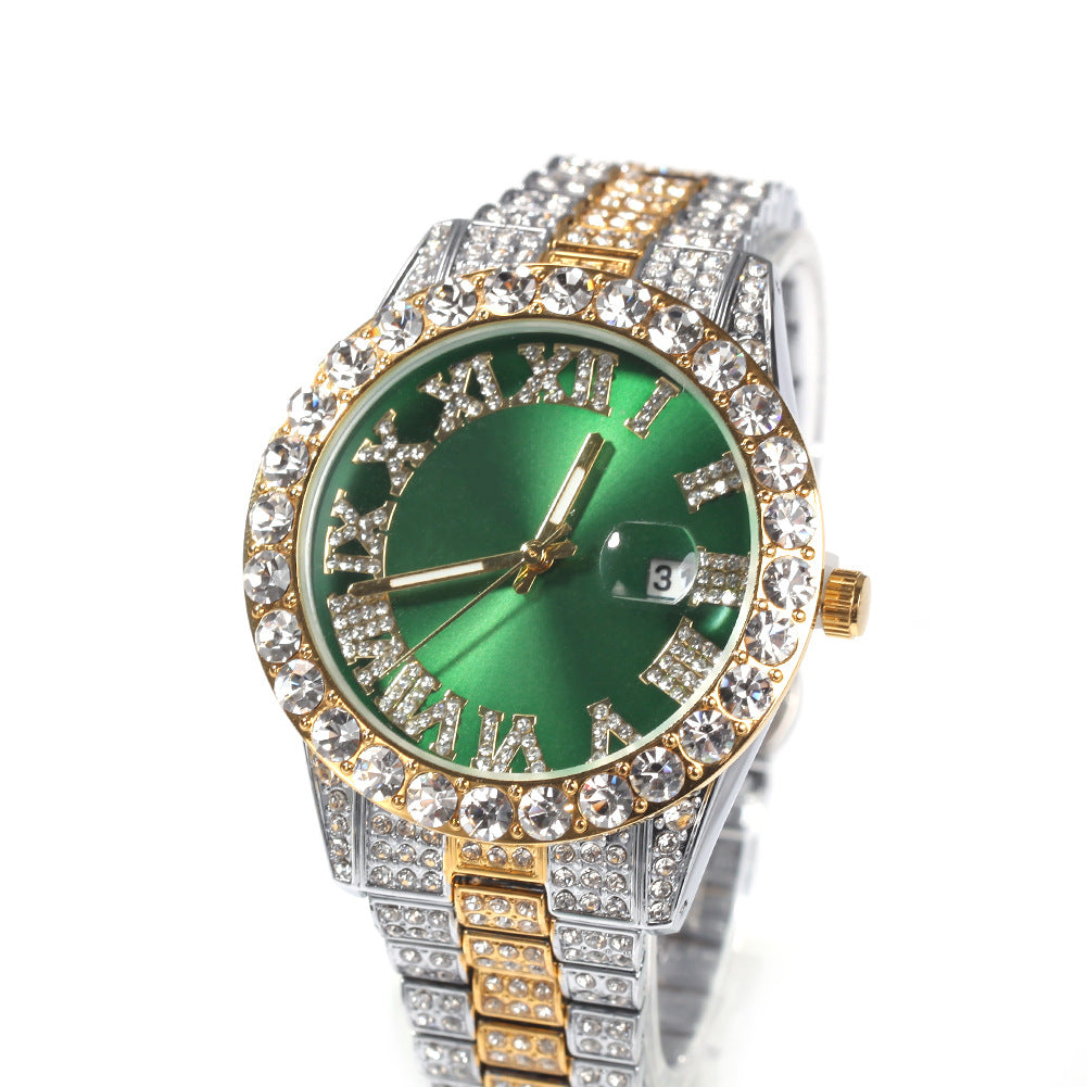 Hip-hop watch with Roman numerals and diamonds, large dial