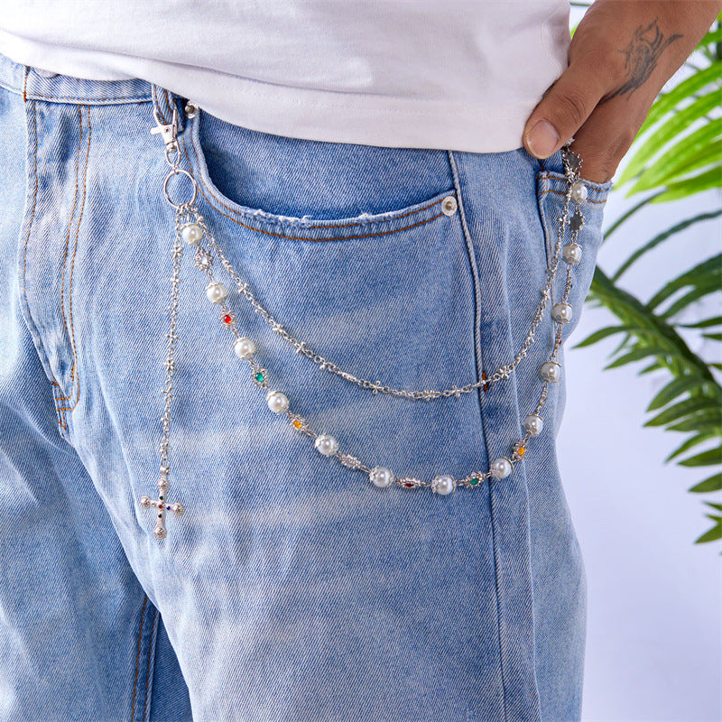 Multi-Color Gemstone, Pearl, and Cross Punk Waist Chain