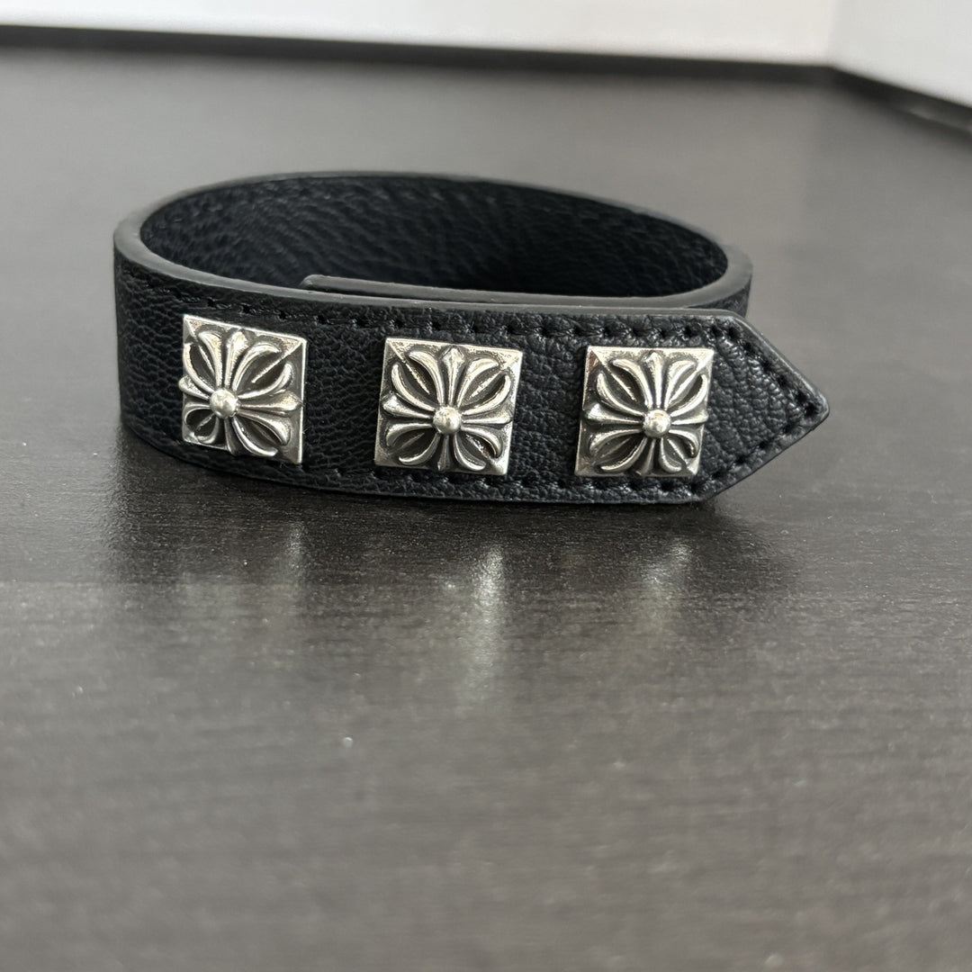 Chrome Hearts square cross adjustable leather bracelet