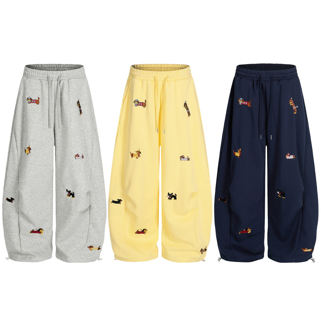 Cartoon Dog Print Straight-Leg Trousers Curved-Cut Casual Pants