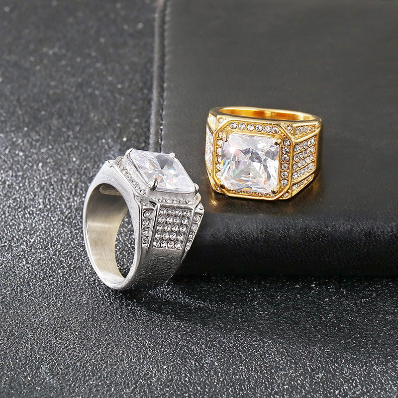 Bold diamond-encrusted titanium steel ring