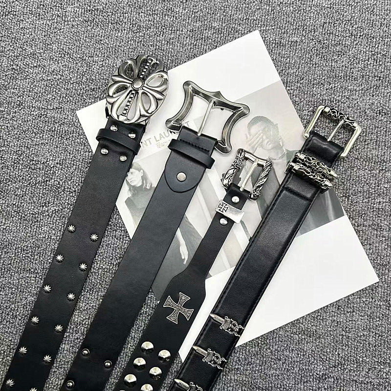 Chrome Hearts Vine Carved Coral Buckle Gothic Studded Leather Belt