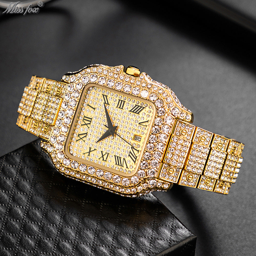 Hip-Hop Square Quartz Watch with Full Diamonds and Roman Markers