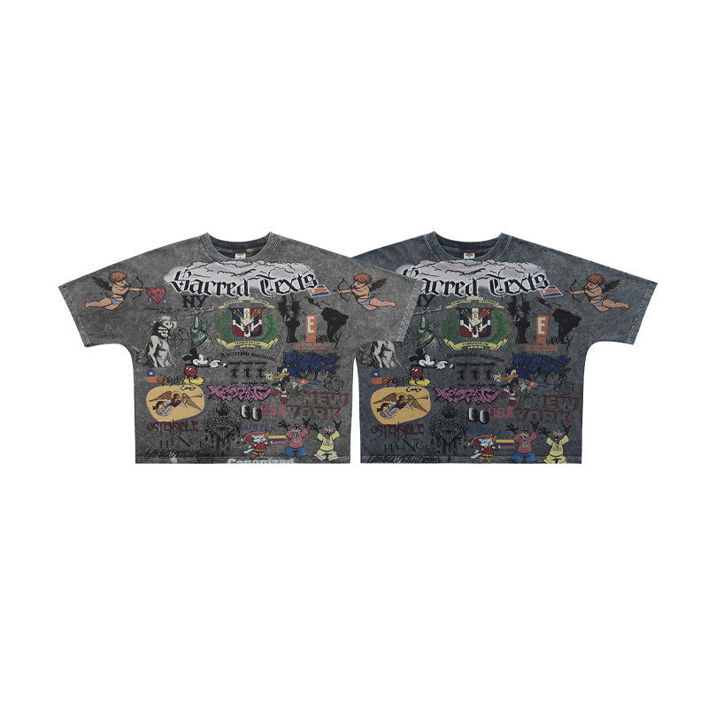 Vintage-Style All-Over Cartoon Print T-Shirt Washed & Distressed