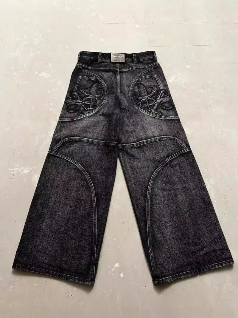 Paneled, Loose-Fit, Embroidered, and Fur-Trimmed Denim Jeans