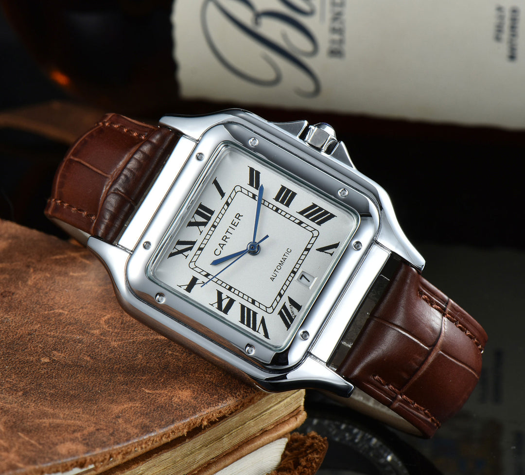 Leather Strap, Three-Hand Quartz Watch with Square Case