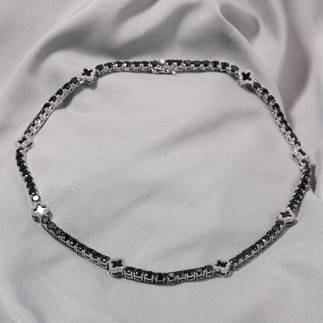 Silver Black Buckle Four-Leaf Clover Tennis Chain Necklace