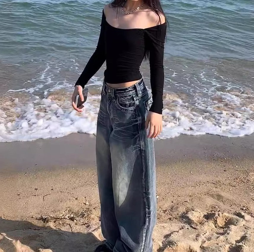 Washed High-Waisted Floor-Length Wide-Leg Jeans for Women