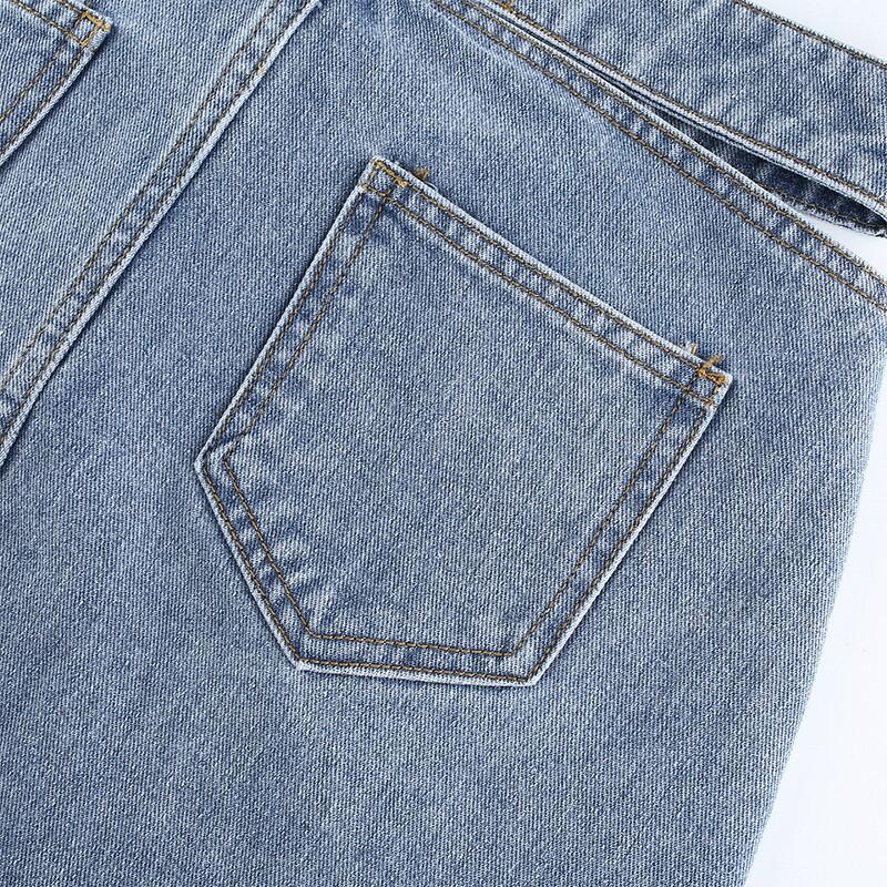 High-waisted denim mini skirt with one-sided cutout