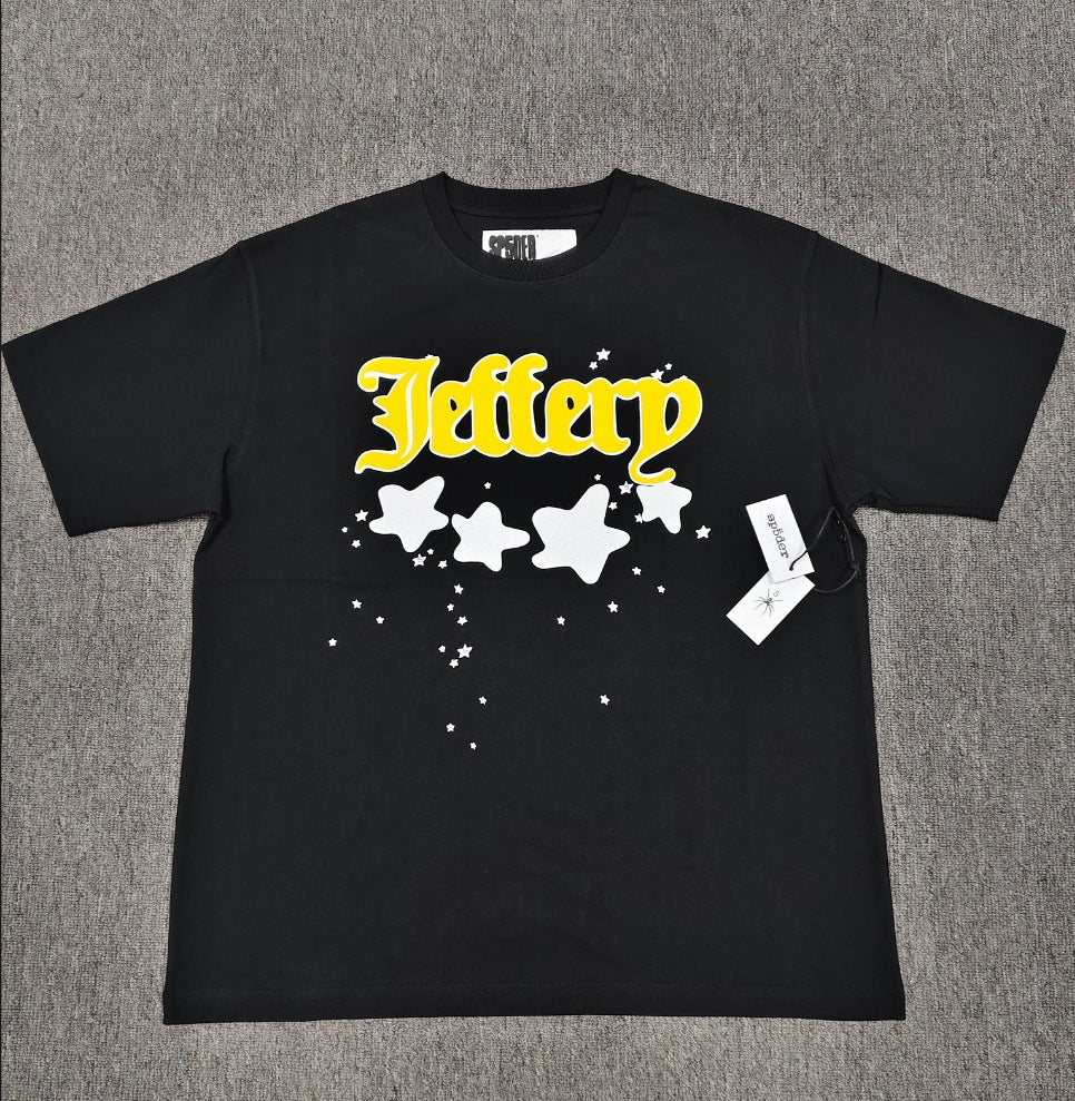Hip-hop SP5der loose-fitting spider web T-shirt with lettering