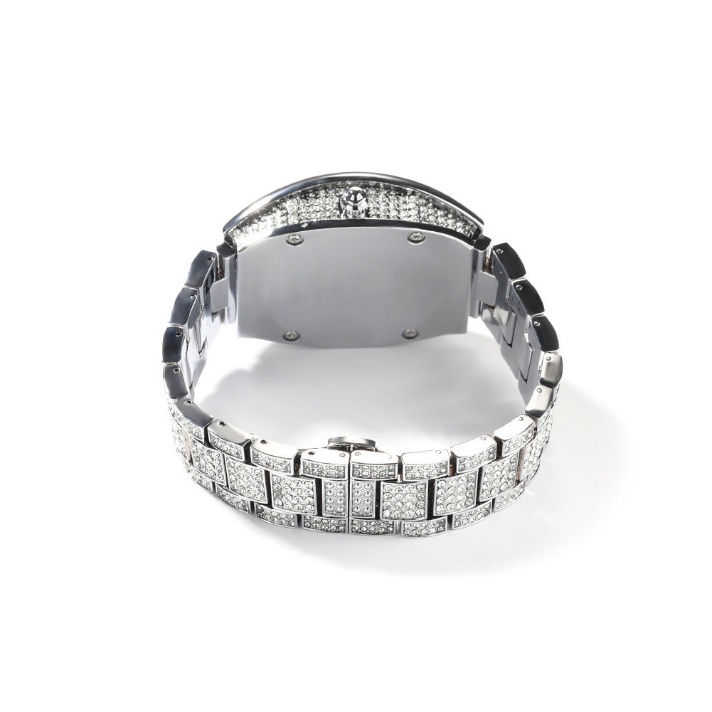 Diamond-set color-blocked hip-hop tonneau-shaped watch