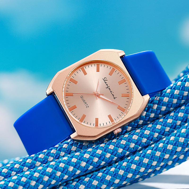 Simple, square quartz silicone watch with a stylish silicone strap
