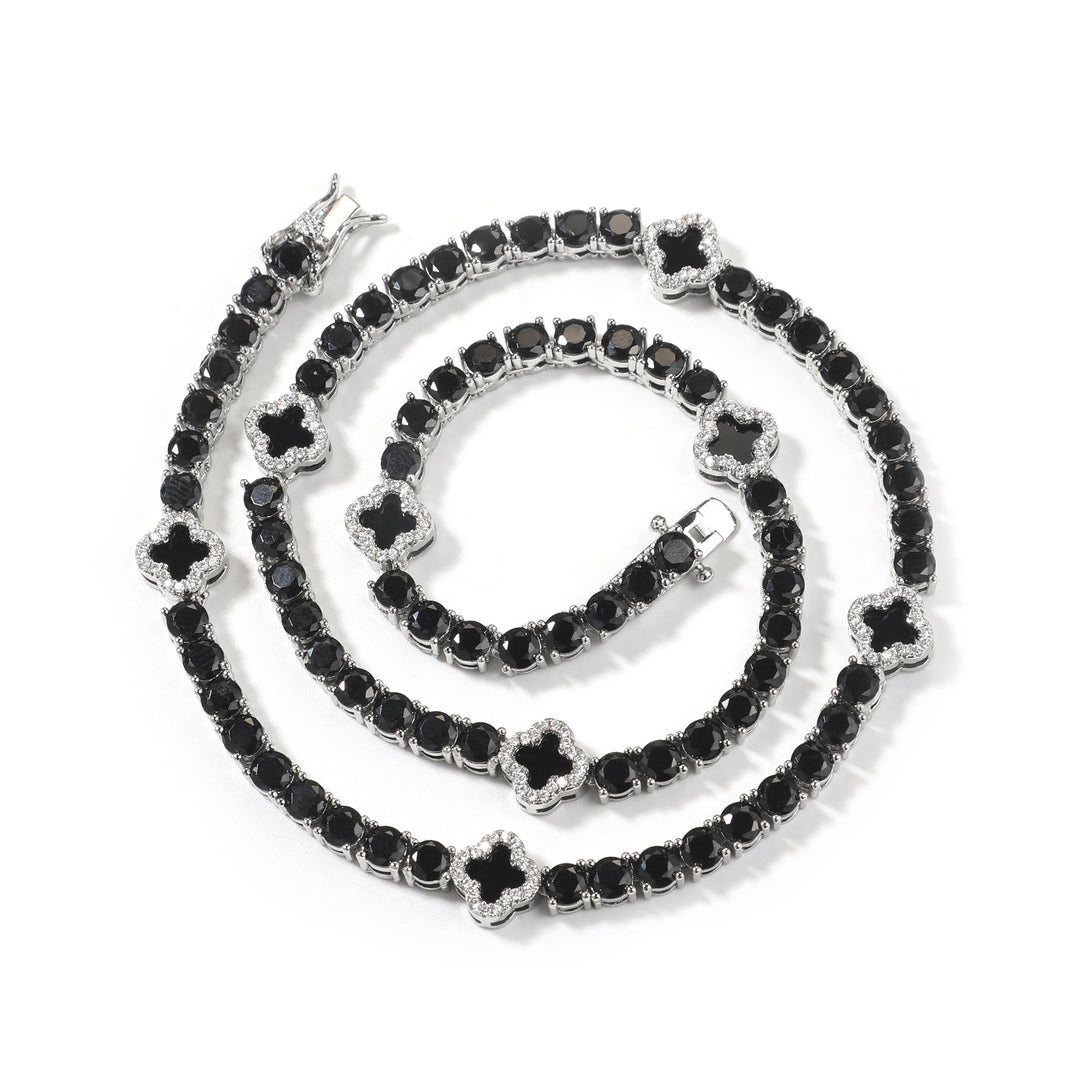 Silver Black Buckle Four-Leaf Clover Tennis Chain Necklace
