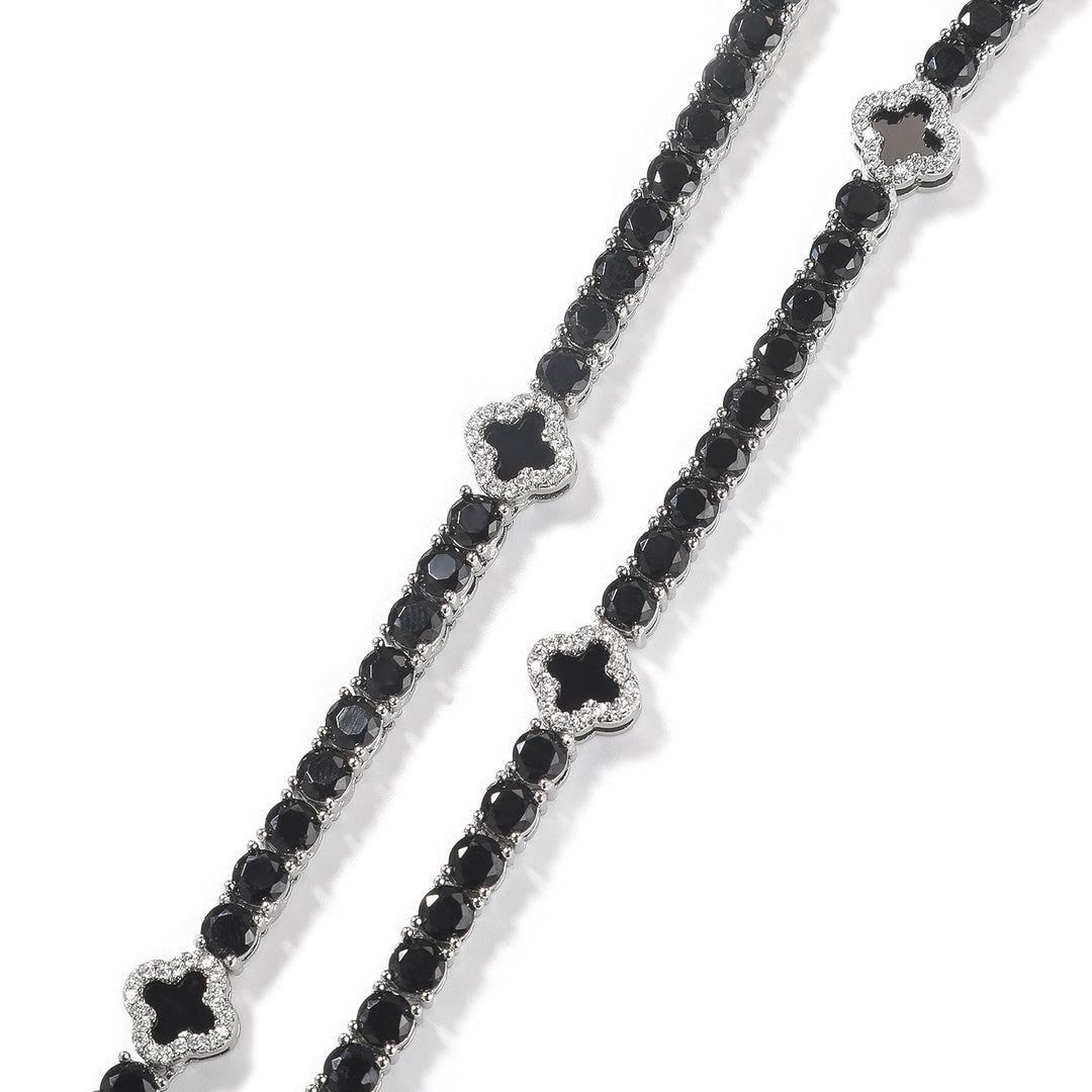 Silver Black Buckle Four-Leaf Clover Tennis Chain Necklace