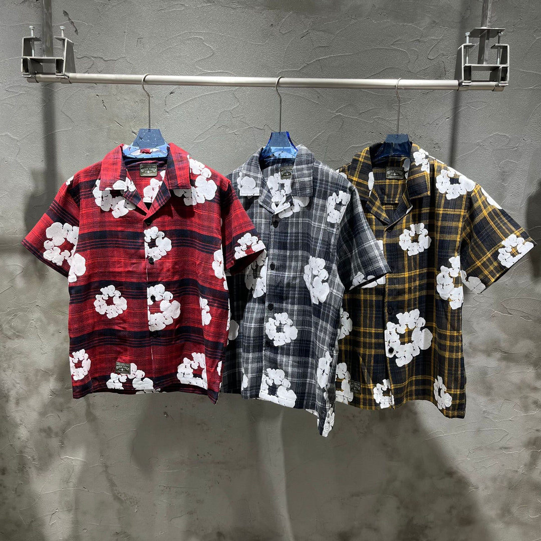 All-over print plaid short-sleeved shirt and shorts set