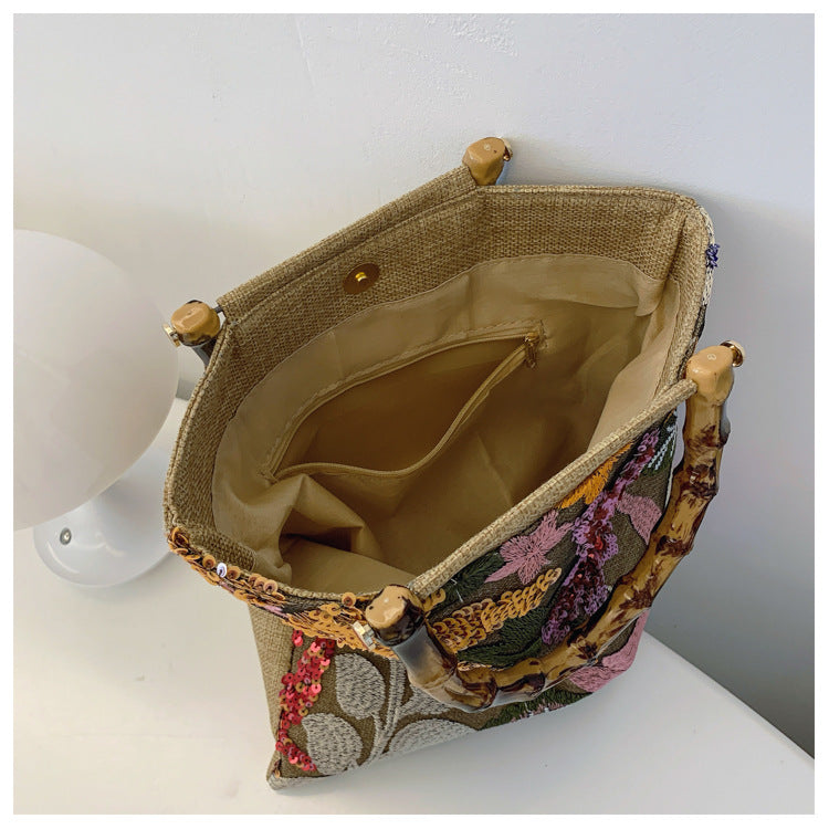 Embroidered sequins linen bamboo handle tote bag