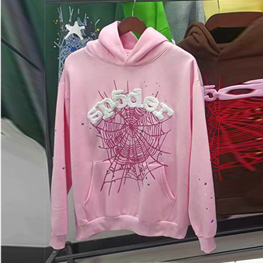 Sp5der fleece-lined hoodie with spiderweb print.