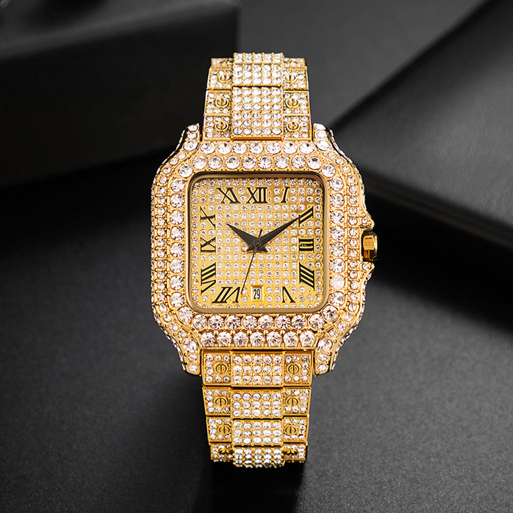 Hip-Hop Square Quartz Watch with Full Diamonds and Roman Markers