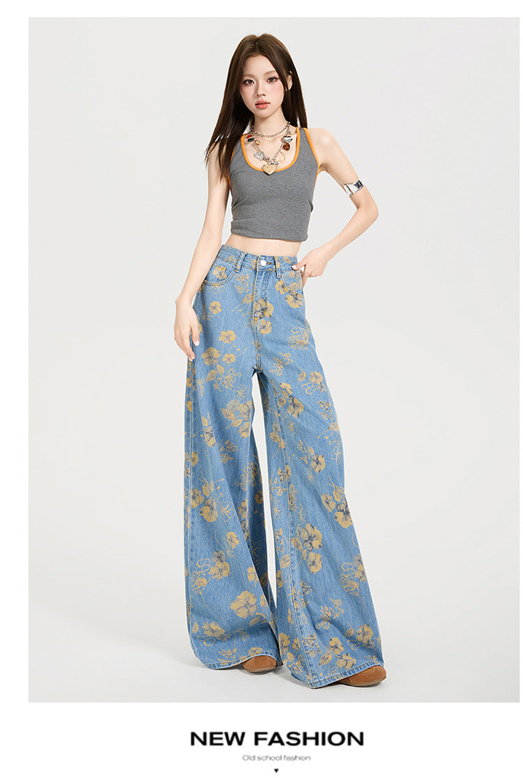 Y2K Floral Print Loose-Fit Flared Denim Trousers