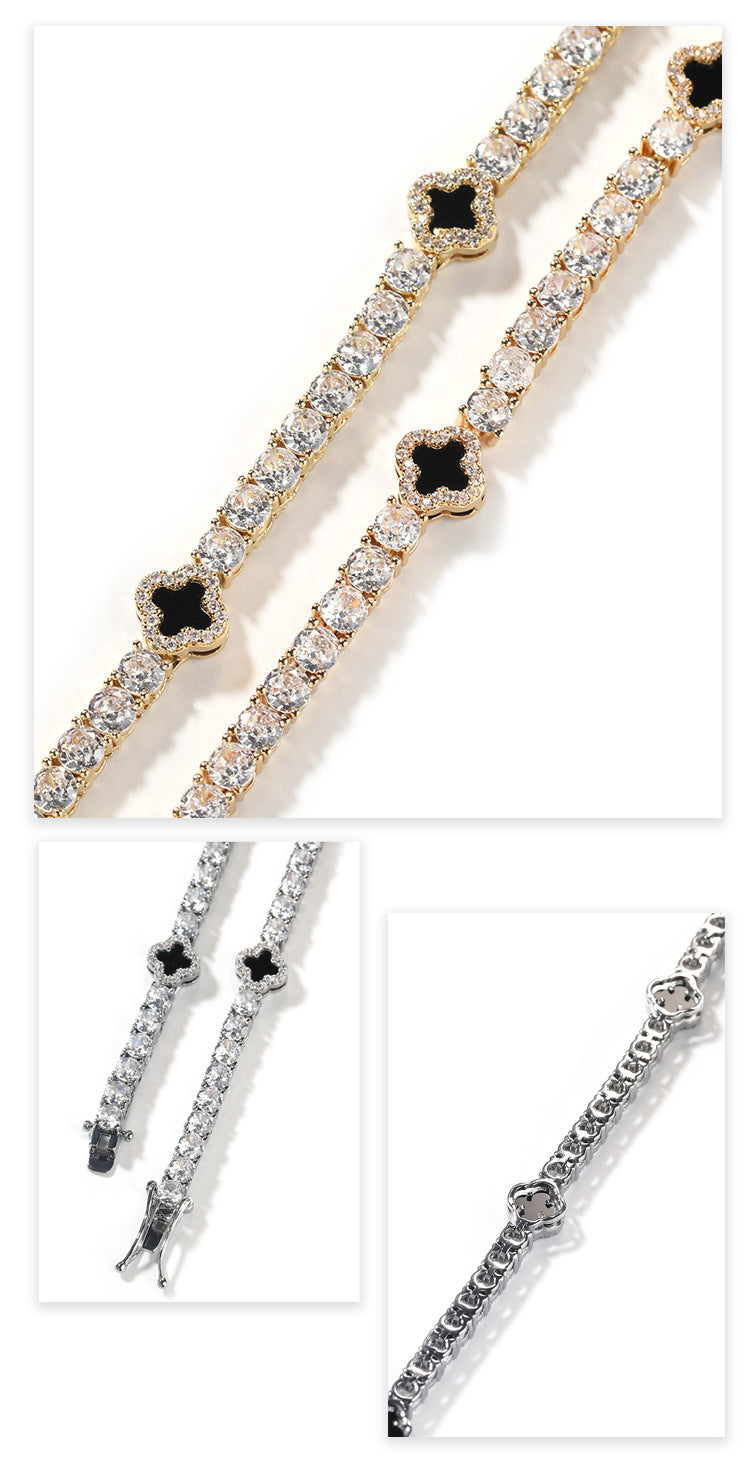 Hip-hop four-leaf clover diamond tennis chain necklace bracelet