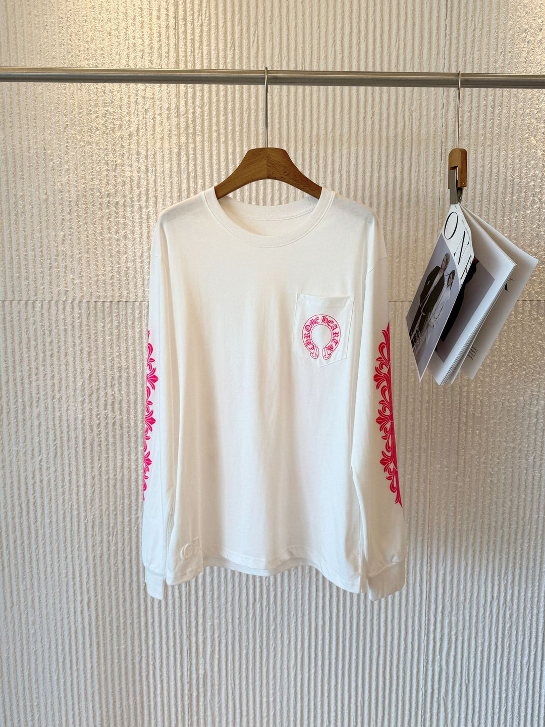 Chrome Hearts Pink Horseshoe Flower Sleeve Print T-Shirt