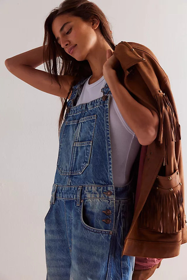 Washed Vintage, Loose-Fit, Straight-Leg Cargo Denim Overalls