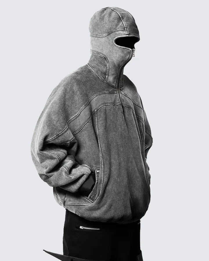 Single-hooded long zip-up hoodie with exposed eyes
