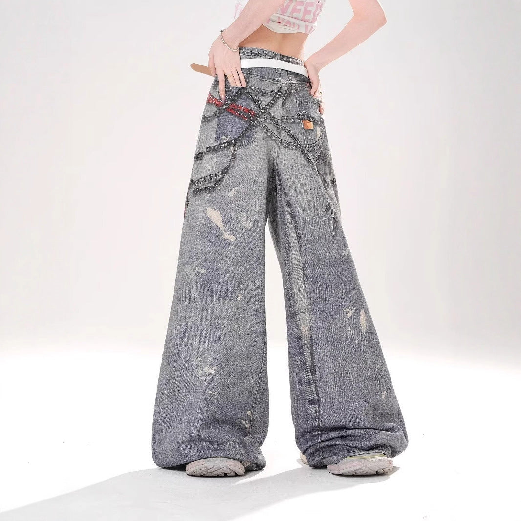 3D Digital Print Straight-Leg Distressed Wide-Leg Jeans