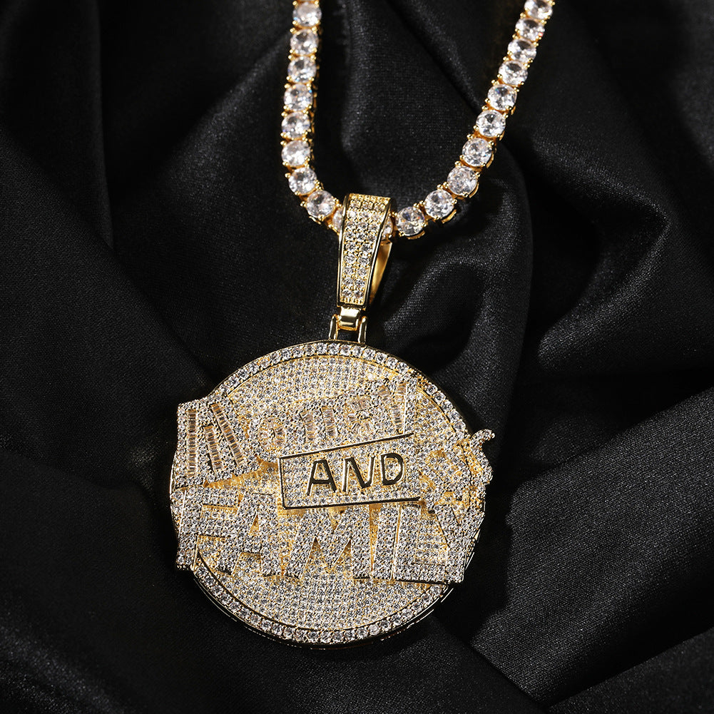 "Money and Family" letter pendant round disc necklace