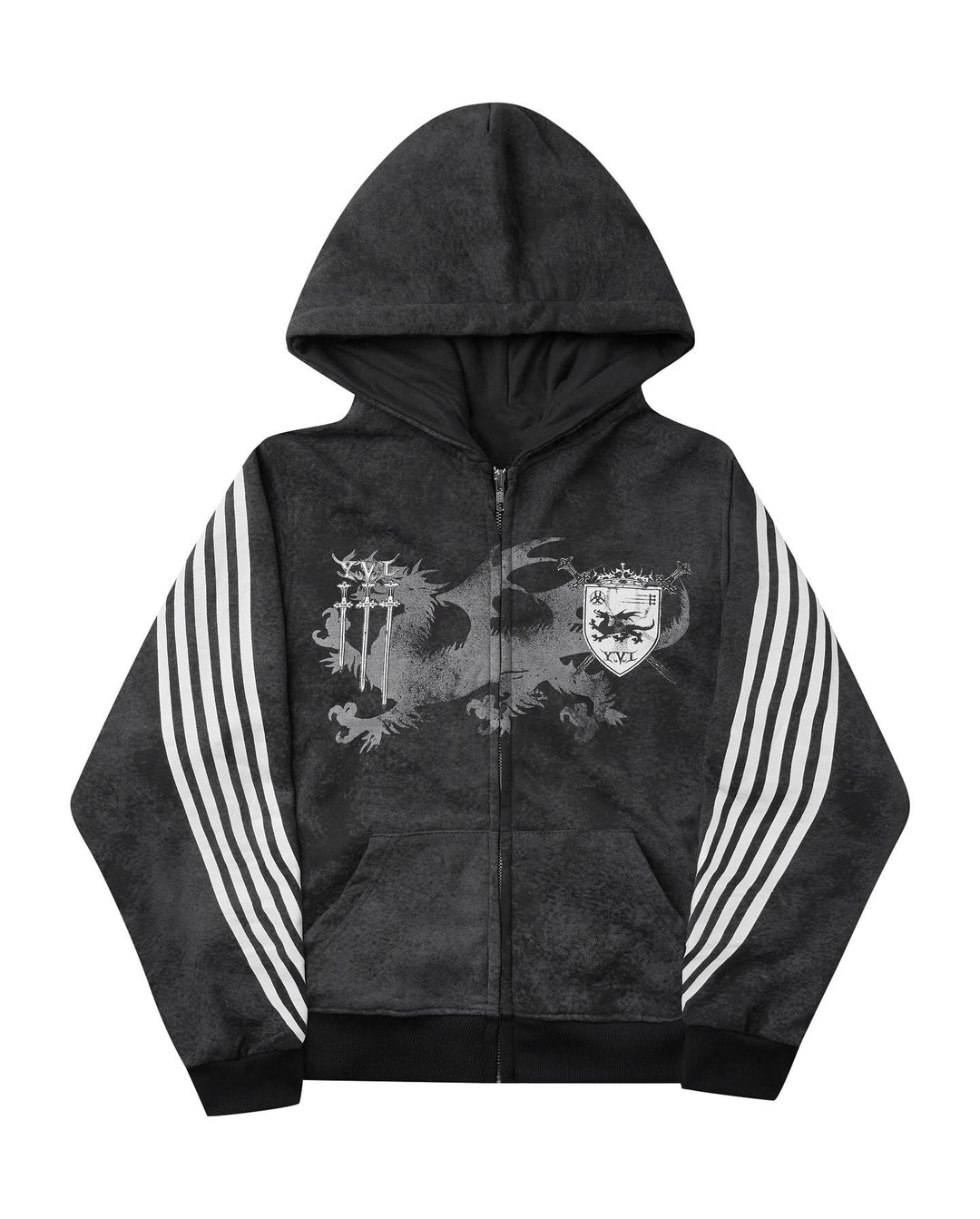 Five-stripe dragon and cross print hoodie.