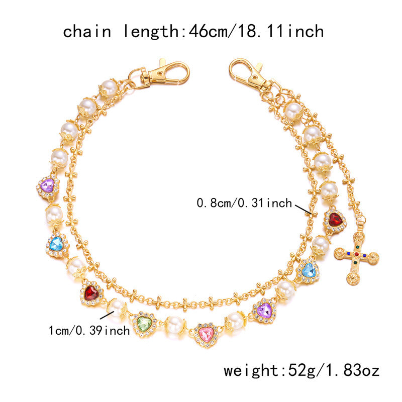 Multi-Color Gemstone, Pearl, and Cross Punk Waist Chain