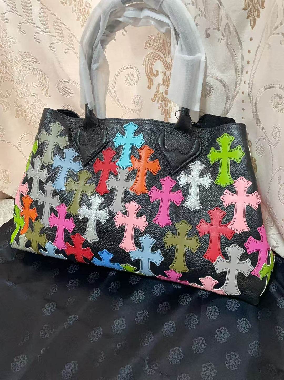 Chrome Hearts Genuine Leather Handbag with Floral Pattern