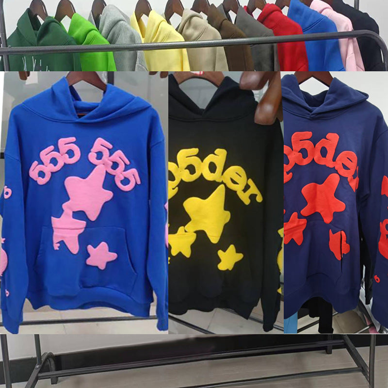 Sp5der fleece-lined hoodie with spiderweb print.