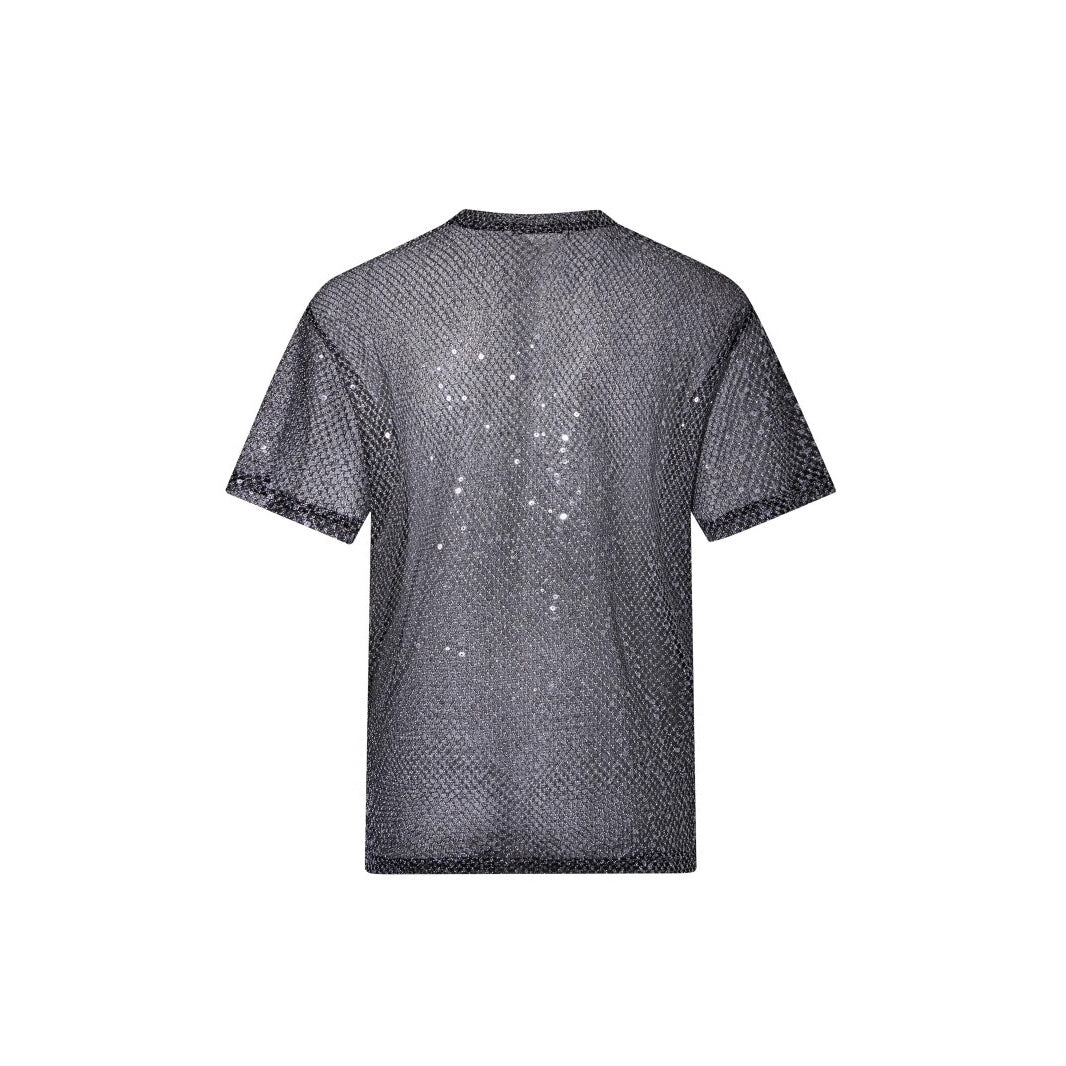 Gold Glittery Sheer Mesh Short-Sleeve T-Shirt